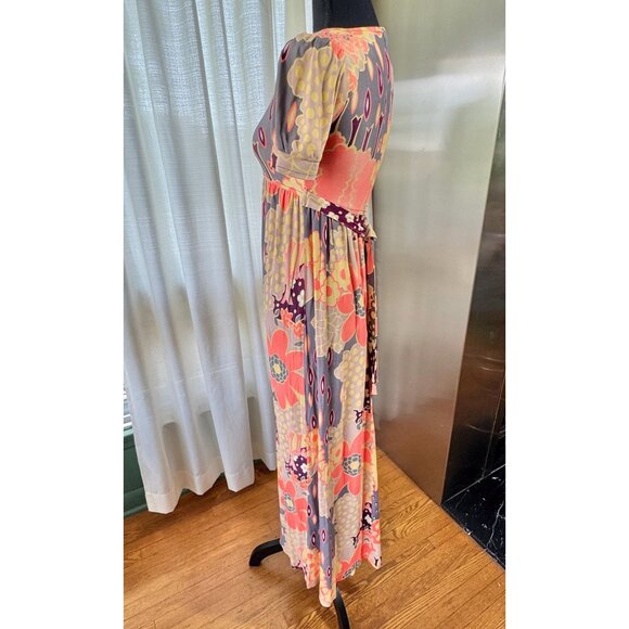Vintage 70s dress, coral, grey, yellow floral, boho maxi with empire waist - Picture 5 of 10